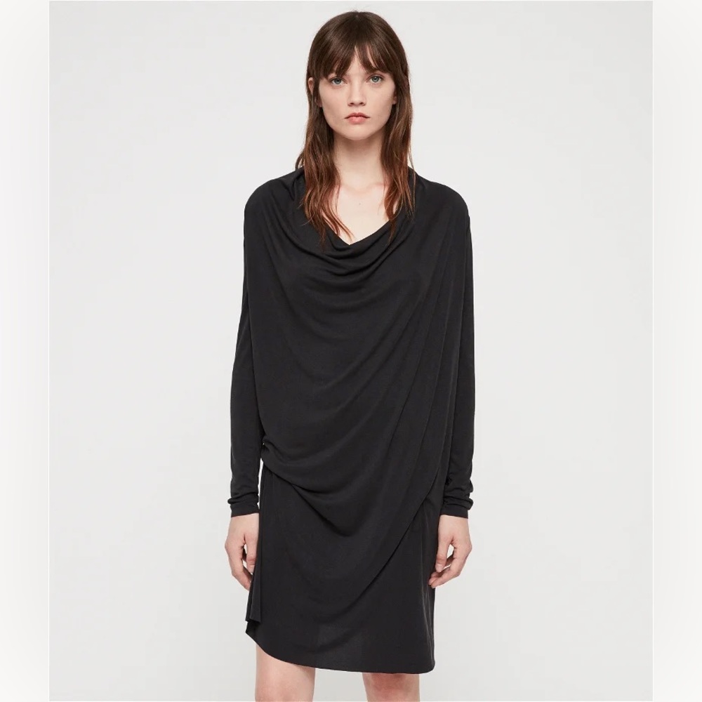 Allsaints Black Cupro Amei Long Sleeve Draped Mini Dress Size 0 EUC - Picture 1 of 12